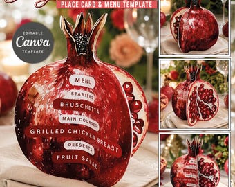 Pomegranate Place Card, Menu Template, Editable Canva Wedding Menu, Pomegranate Wedding Decor, Bridal Shower Table Setting, Printable PDF