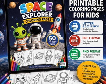 Space Explorer Coloring Pages for Kids, 50 Printable Space Coloring Sheets, Astronaut and Alien Coloring Book, PDF PNG, Space Activity