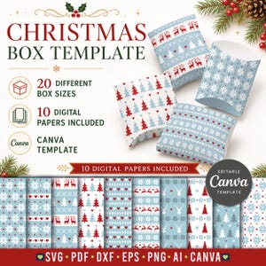 Peut inclure: Un ensemble de modèles de boîtes de Noël comprenant 20 tailles et 10 papiers numériques. Le design présente des motifs bleu clair, blancs et rouges de rennes, sapins et cœurs. Le texte indique Christmas Box Template, 20 different box sizes, 10 digital papers included, Canva template, et SVG, PDF, DXF, EPS, PNG, AI, Canva.