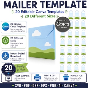 May include: A digital product listing for a mailer template featuring 20 editable Canva templates in 20 different sizes. The graphic displays a blue mailer box with a cloud and hill design, alongside text indicating instant digital download availability.