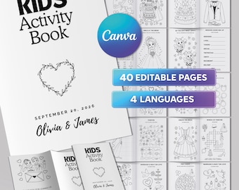 Personalized Wedding Coloring Pages, Canva Template, 40 Editable Activity Pages for Kids, Printable Wedding Booklet