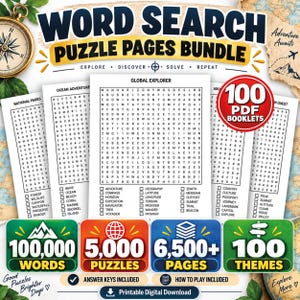 Puede incluir: Un paquete digital de páginas de sopas de letras con 100 folletos en PDF con temas como Global Explorer y National Parks. La colección incluye 100.000 palabras, 5.000 rompecabezas, 6.500+ páginas y 100 temas, con claves de respuestas e instrucciones.