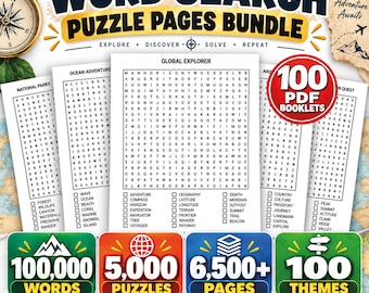 Word Search Puzzle Bundle, 5000 Printable Puzzles, 100.000 Words, 100 PDF Booklets, 100 Themes, 6,500+ Pages, Digital Download