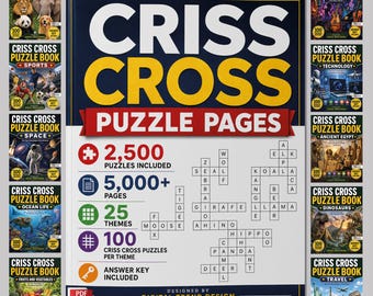 Criss Cross Puzzle 5000+ Pages, 2500 Puzzle Bundle, 25 Themed Criss Cross Booklet, Printable Pages PDF, Large Print Brain Games, Activity