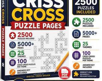 Criss Cross Puzzle 5000+ Pages, 2500 Puzzle Bundle, 25 Themed Criss Cross Booklet, Printable Pages PDF, Large Print Brain Games, Activity
