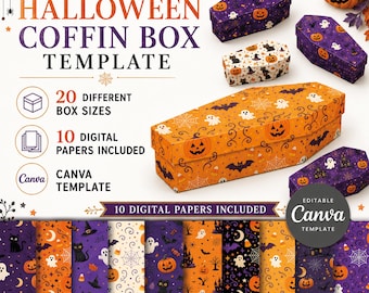 Mallpaket för Halloween-kista, 20 storlekar, redigerbar Canva-mall, SVG-klippfiler, 10 digitala Halloween-papper, Cricut, LightBurn