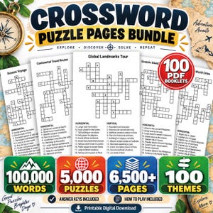 Könnte beinhalten: Ein digitales Bündel von Kreuzworträtselseiten mit dem Text Crossword Puzzle Pages Bundle, 100 PDF Booklets, 100,000 Words, 5,000 Puzzles, 6,500+ Pages und 100 Themes. Die Seiten enthalten Gitter und Hinweise zu Themen wie Global Landmarks Tour.