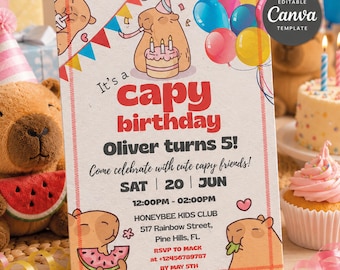 Capybara Birthday Invitation Template,  Editable Canva Invitation, Party Invite, Pastel Capy Birthday, Printable & Digital Download