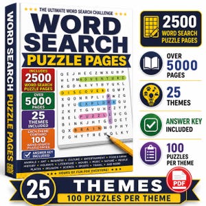 Könnte beinhalten: Ein Wortsuchrätselbuch mit dem Titel The Ultimate Word Search Challenge mit weißem Einband, einem Buchstabenraster, einem gelben Bleistift und Text, der 2500 Rätselseiten, 5000 Seiten, 25 Themen und einen enthaltenen Lösungsschlüssel hervorhebt.