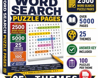 Word Search 5000+ Pages, 2500 Puzzle Bundle, Printable Puzzle Game with Solution,  25 Themes Activity Pages, PDF Download, Senior Activities