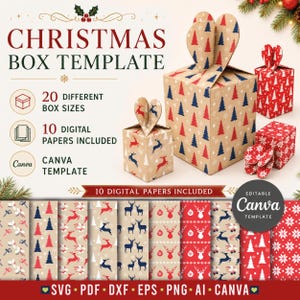 Puede incluir: Un conjunto de plantillas digitales para cajas navideñas con 20 tamaños de caja y 10 papeles digitales. El diseño incluye cajas color kraft con patrones de árboles y renos rojos y azules, además de una etiqueta de plantilla Canva.