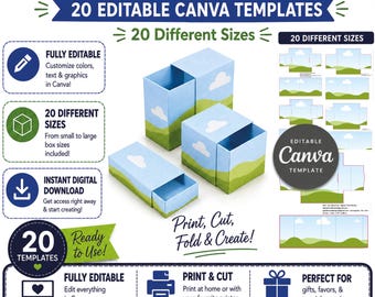May include: A digital product listing for match box templates featuring 20 editable Canva designs. The image displays three assembled blue boxes with white clouds and green hills, alongside flat layout diagrams and text including Print, Cut, Fold & Create.