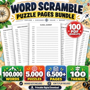 Pode incluir: Um pacote de páginas de quebra-cabeças Word Scramble com 100 livretos em PDF, 100.000 palavras, 5.000 quebra-cabeças, mais de 6.500 páginas e 100 temas. O download digital imprimível inclui gabaritos e instruções, com listas de palavras embaralhadas.