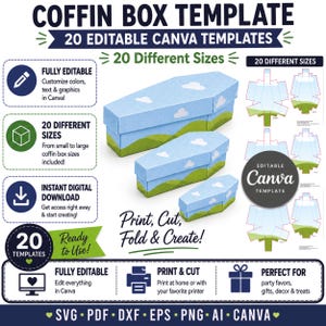 Coffin Box Templates, 20 Box Sizes, Editable Canva Templates, SVG DXF Cut Files, Halloween Papercraft, Digital Download