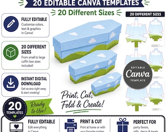 Coffin Box Templates, 20 Box Sizes, Editable Canva Templates, SVG DXF Cut Files, Halloween Papercraft, Digital Download