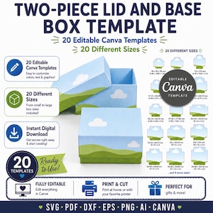 Two-Piece Lid and Base Box Template Bundle, 20 Sizes, Canva Editable SVG Cut Files, Digital Download