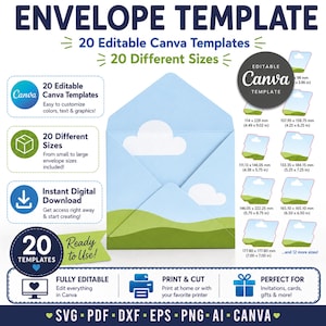 May include: A digital envelope template set featuring 20 editable Canva designs in various sizes. The central envelope is light blue with white clouds and green hills. Text includes ENVELOPE TEMPLATE, 20 Editable Canva Templates, and 20 Different Sizes.
