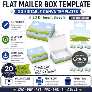 Pode incluir: Um conjunto de 20 modelos editáveis no Canva para caixas de envio planas. Os gráficos exibem um céu azul com nuvens brancas e colinas verdes. O layout inclui etiquetas de texto, ícones para download digital e instruções de montagem.