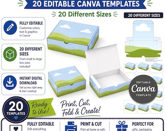 May include: A flat mailer box template set featuring 20 editable Canva designs. The graphics display a blue sky with white clouds and green hills. The layout includes text labels, icons for digital download, and instructions to print, cut, and fold.
