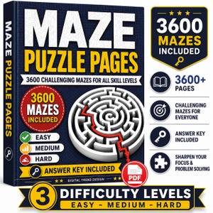 Może przedstawiać: Cyfrowa okładka książki zatytułowana MAZE PUZZLE PAGES z grafiką okrągłego labiryntu z czerwoną ścieżką. Okładka zawiera tekst, w tym 3600 MAZES INCLUDED, 3600+ PAGES, ANSWER KEY INCLUDED oraz 3 DIFFICULTY LEVELS: EASY - MEDIUM - HARD.