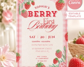 Berry First Birthday Invitation, Canva Template, Strawberry Birthday Invitation, Party Invite, First Birthday Girl, Berry Sweet Birthday