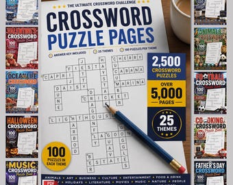 Crossword Puzzle 5000+ Pages, 2500 Puzzle Bundle, 25 Themed Crossword Booklet, Printable Pages PDF, Large Print Brain Games, Activity Pages
