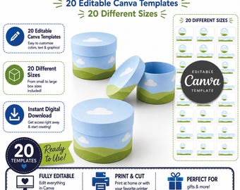 Round Box Template Bundle, 20 Sizes, Canva Editable Template, SVG Cutting Files, Cricut, Digital Download