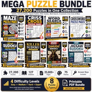 Puede incluir: Un paquete digital de 27,200 rompecabezas en 127 folletos. La colección incluye laberintos, sopas de letras, crucigramas, sudoku, killer sudoku, samurai sudoku y jigsaw sudoku con varios niveles de dificultad para imprimir.