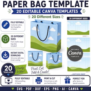 Paper Bag Template Bundle, 20 Sizes, Editable Canva Template, SVG Cut Files, Digital Download