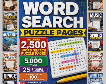 Word Search 5000+ Pages, 2500 Puzzle Bundle, Printable Puzzle Game with Solution,  25 Themes Activity Pages, PDF Download, Senior Activities