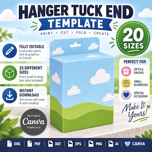 Puede incluir: Una caja de cartón azul claro con un patrón de nubes blancas y colinas verdes, con un diseño de solapa para colgar. La caja se presenta como una plantilla digital con etiquetas que indican 20 tamaños, archivos Canva editables y varios formatos.