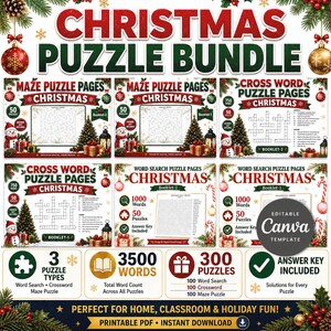 Peut inclure: Un ensemble de puzzles de Noël comprenant des labyrinthes, des mots croisés et des recherches de mots. La collection inclut 300 puzzles, 3500 mots et des corrigés. Le design présente des graphismes festifs comme des bonhommes de neige.