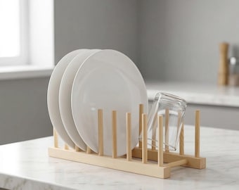 Houten afdruiprek, minimalistische keukenopberger, bordhouder