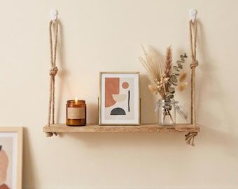 Houten plank met hangend touw, boho wanddecoratie, rustieke opberger voor thuis