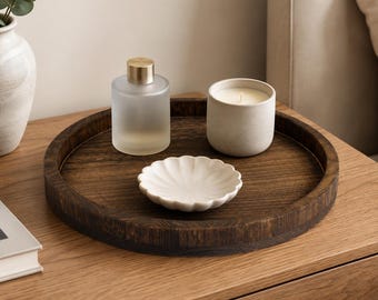 Round Rustic Wood Tray, Textured Farmhouse Vanity Organizer, Candle Display Home Decor