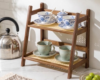 Houten aanrechtblad opbergplank met twee niveaus, rustiek boerderijrek koffiebar