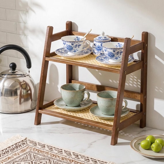 Two-Tier Wooden Countertop Organizer Shelf, Rustic Farmhouse Coffee Bar Rack
