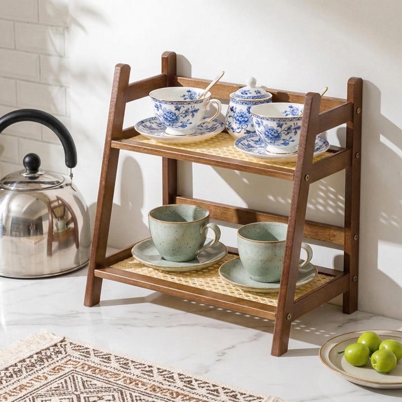 Puede incluir: Una estanter&iacute;a de madera de dos niveles con acabado oscuro, que contiene tazas de t&eacute; y platillos. La estanter&iacute;a superior presenta tazas de t&eacute; florales azules y blancas, mientras que la estanter&iacute;a inferior muestra tazas de t&eacute; verdes. Una tetera de acero inoxidable es visible en el fondo.