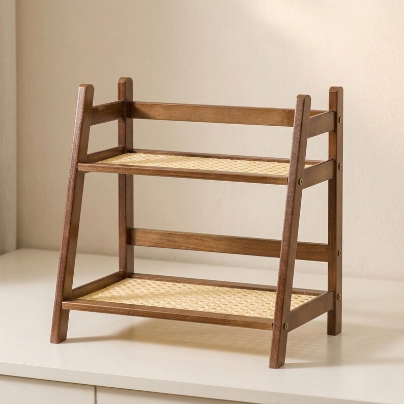 Puede incluir: Una estanter&iacute;a de madera de dos niveles con un acabado marr&oacute;n c&aacute;lido. Los estantes est&aacute;n hechos de material tejido de color claro. El marco tiene un dise&ntilde;o similar a una escalera, con patas en &aacute;ngulo y soportes horizontales. La estanter&iacute;a est&aacute; dise&ntilde;ada para exhibici&oacute;n o almacenamiento.
