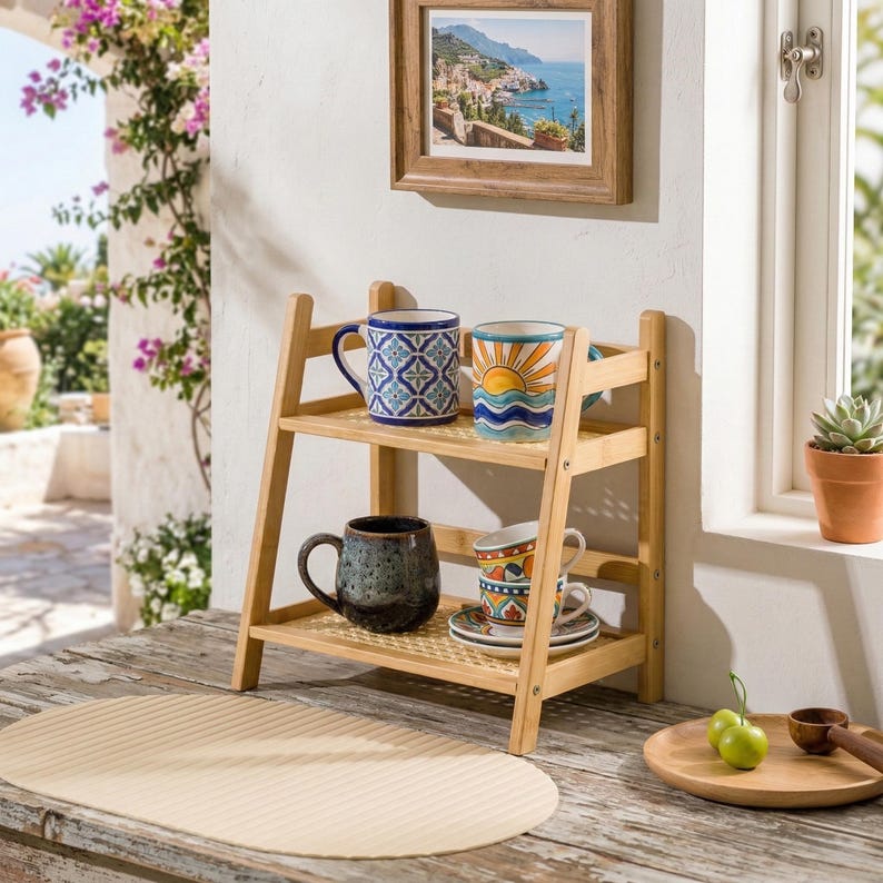 Puede incluir: Una estanter&iacute;a de bamb&uacute; de dos niveles exhibe cuatro tazas de cer&aacute;mica con dise&ntilde;os coloridos. La estanter&iacute;a superior contiene una taza azul estampada y una taza con un dise&ntilde;o de sol y olas. La estanter&iacute;a inferior tiene una taza moteada oscura y una taza estampada con un platillo.