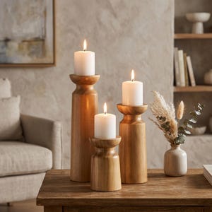 Puede incluir: Tres portavelas cilíndricos de madera de diferentes alturas, con un acabado liso en color marrón claro y un borde superior ensanchado. Cada soporte sostiene una vela de pilar blanca con una llama encendida, creando un conjunto vertical.
