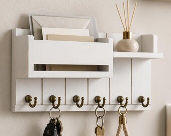Wooden Key Holder Mail Organizer, 6 Hook Entryway Rack Shelf, Rustic Home Storage