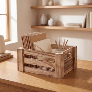 May include: A wooden crate filled with stationery supplies. The crate holds brown notebooks, cream-colored envelopes, pencils, and a small ceramic container. The crate is made of light brown wood and sits on a wooden surface.