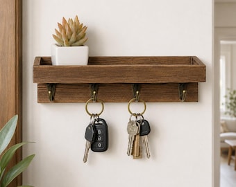 Houten sleutelhouderplank, rustieke organizer voor de hal, 4 haken, wandopbergruimte in landelijke stijl