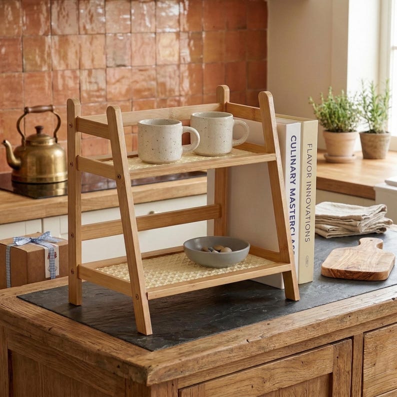 Puede incluir: Una estanter&iacute;a de madera clara con dos estantes, con dos tazas moteadas y un cuenco peque&ntilde;o. Los estantes tienen un patr&oacute;n tejido. Dos libros de cocina est&aacute;n detr&aacute;s de la estanter&iacute;a. Una tetera y una caja de regalo son visibles.