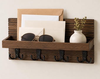 Wooden Key Holder with Shelf, Rustic Entryway Mail Organizer, 4 Double Hooks