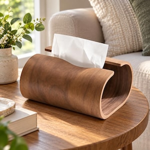 Puede incluir: Un soporte para pañuelos de madera de color marrón oscuro curvado con un acabado liso y pulido. El soporte presenta un diseño en forma de C con extremos abiertos que sostiene una pila de pañuelos de papel blancos que sobresalen del centro.