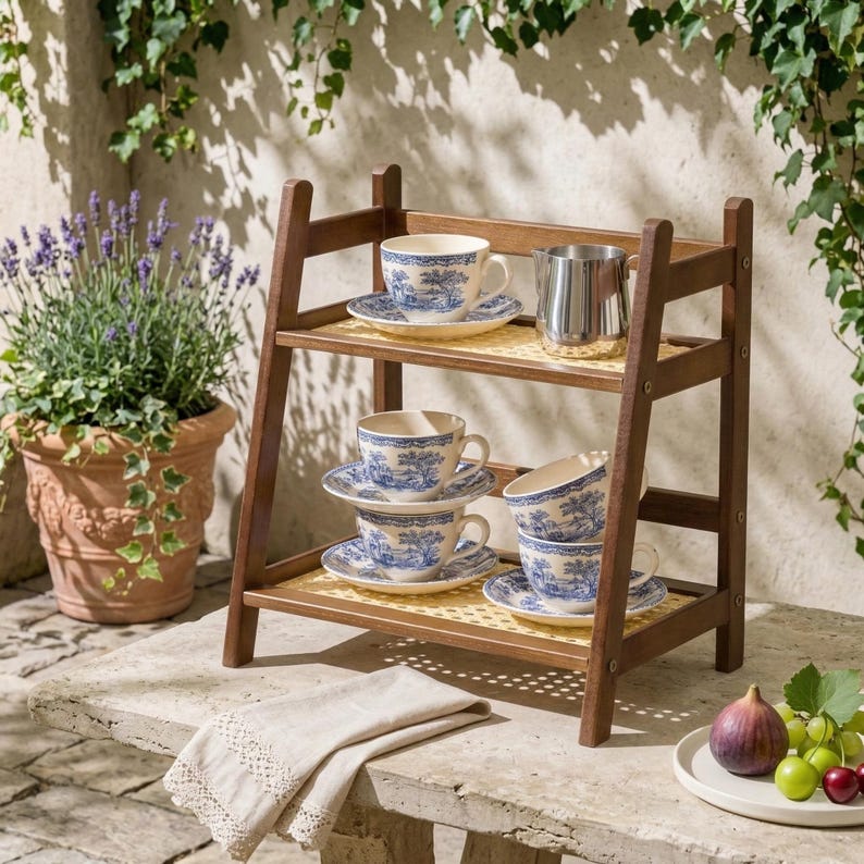 Puede incluir: Una estanter&iacute;a de madera de dos niveles exhibe tazas y platillos azules y blancos. Una jarra de acero inoxidable se encuentra en el estante superior. La estanter&iacute;a est&aacute; sobre una superficie de piedra, con una planta de lavanda en maceta y fruta en el fondo.