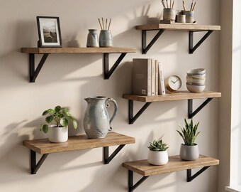1 st rustieke houten wandplank met zwarte metalen beugels, boerderijkeuken opbergdecor