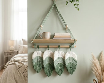 Macramé wandplank met houten plank, decor boho veren kwast